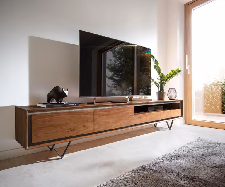 DELIFE Mobile basso Stonegrace, 240 cm, legno di acacia marrone, impiallacciatura effetto pietra, 2 ante, 2 cassetti, 1 ripiano, piedini a forma di "V" neri