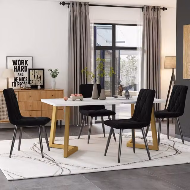 Set da pranzo moderno con tavolo rettangolare 117x68 cm e 4 sedie in velluto nero con gambe dorate