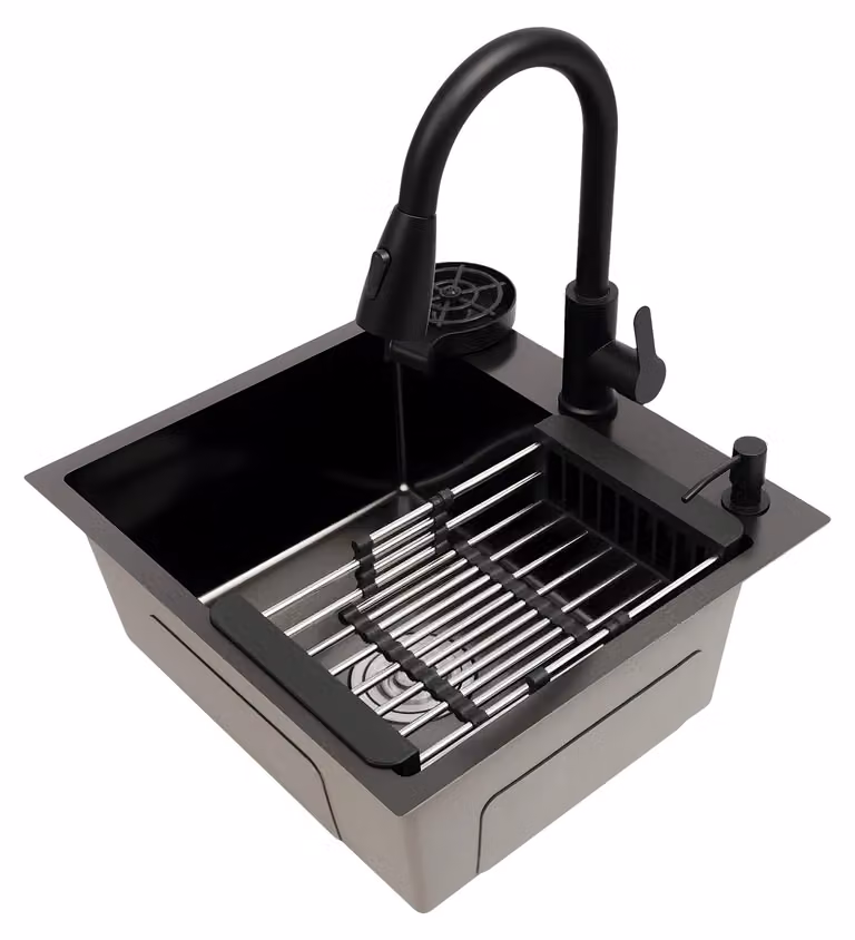 Lavello da cucina, rubinetto estraibile, funzioni multifunzionali, colore nero