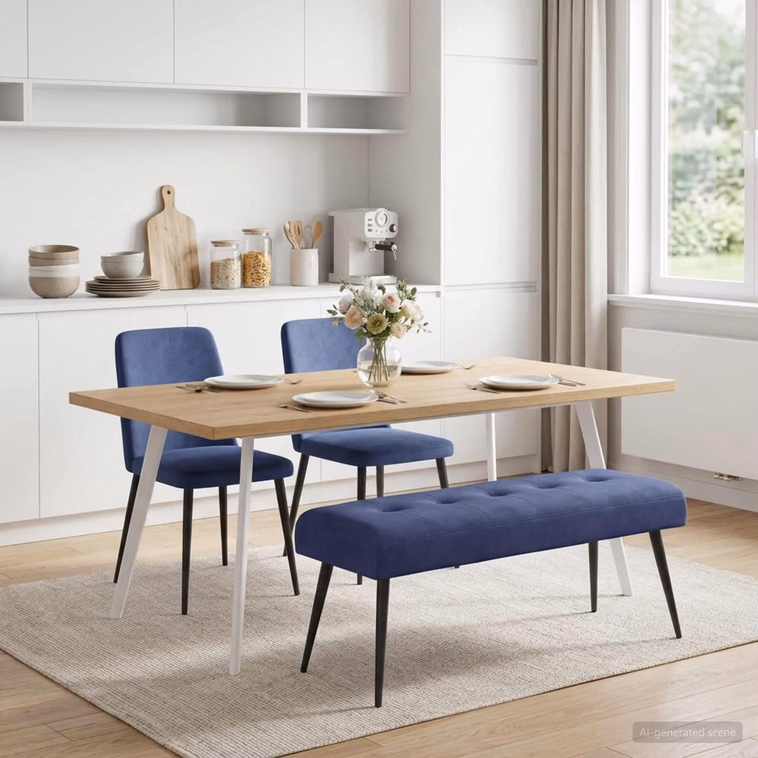 Panchina moderna vidaXL in velluto blu con bottoni imbottiti, L: 110 cm, P: 40 cm, H: 46 cm