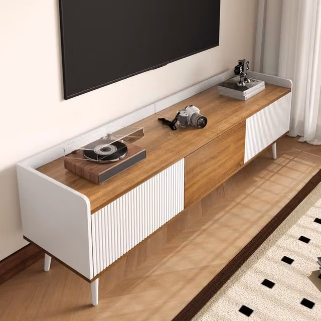Mobile porta TV moderno OKWISH con 3 ante, bianco e beige, L/P/H: 160 x 39 x 49,5 cm