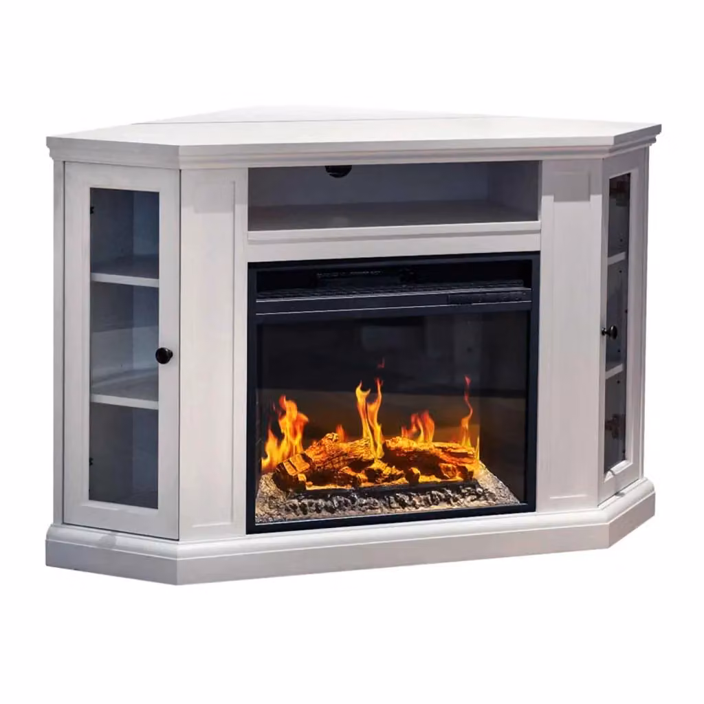 Camino elettrico angolare da terra Frankystar Madison con effetto fiamma e dettagli in vetro, colore bianco, L: 126 cm, P: 78 cm, H: 83 cm – 2