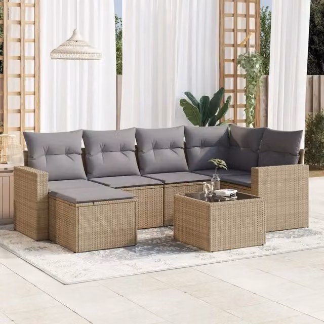 Set Divani da Giardino 7 pz con Cuscini Beige in Polyrattan 3219259
