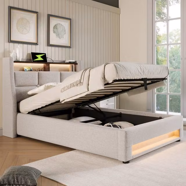 Letto imbottito moderno REDOM in tessuto beige con base contenitore, porte USB e illuminazione LED, L/P/H: 90 x 200 x 117 cm