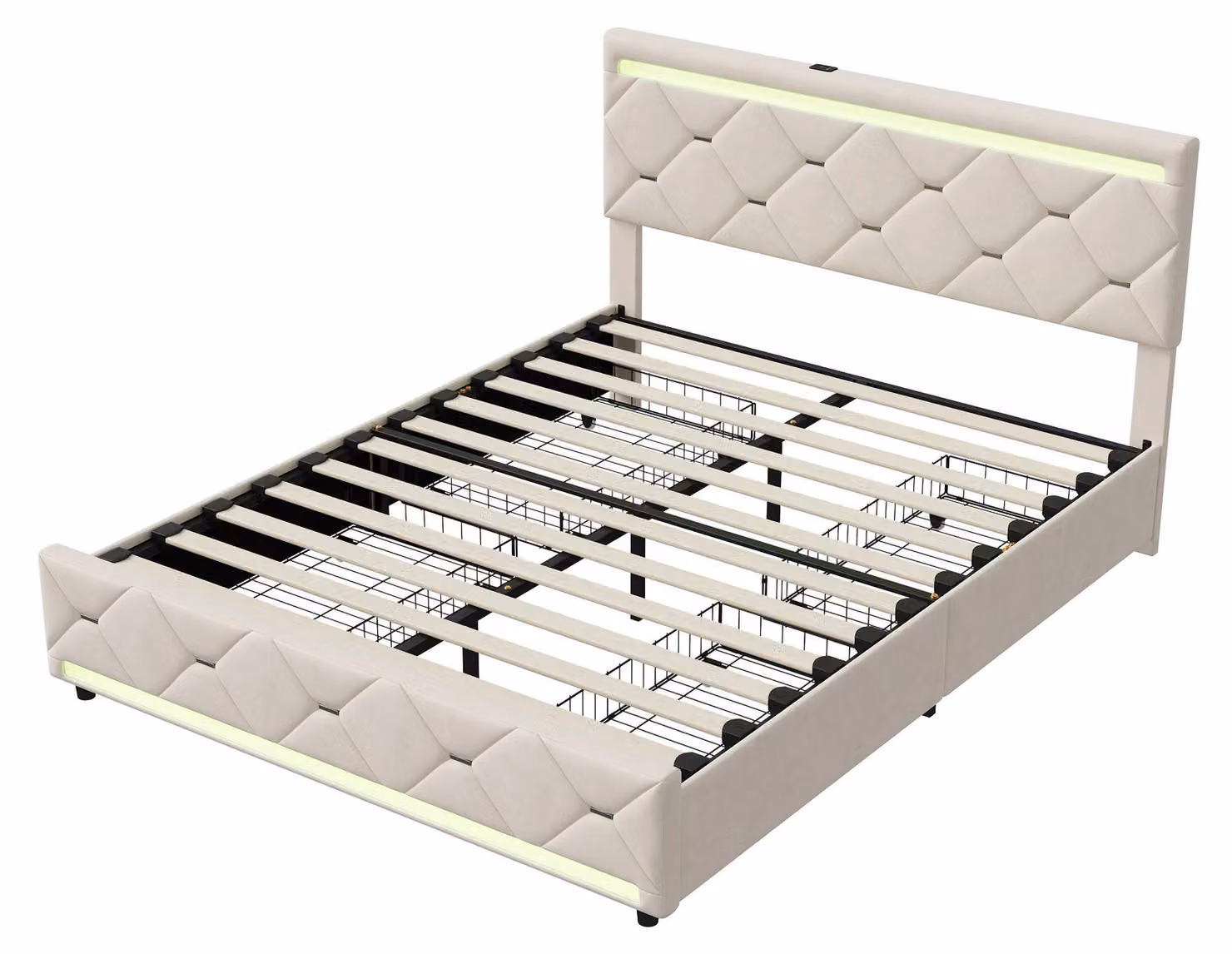 Struttura del letto imbottita - Per materasso 160x200 cm - 4 cassetti - Illuminazione LED - Retino letto - Tessuto velluto - Bianco panna