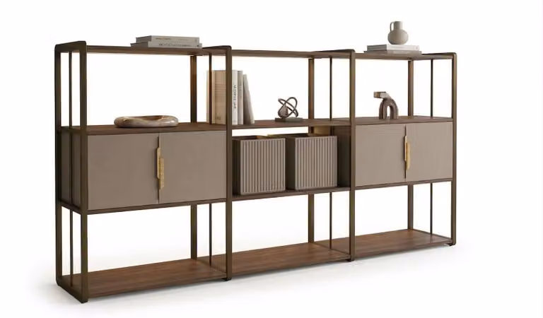 Libreria in stile industriale, design in metallo e legno, scaffale aperto, moderno