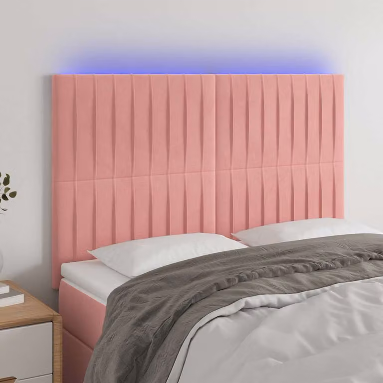 Testiera per letto vidaXL in velluto rosa con illuminazione LED e porta di ricarica USB, L: 144 cm, P: 5 cm, H: 118-128 cm