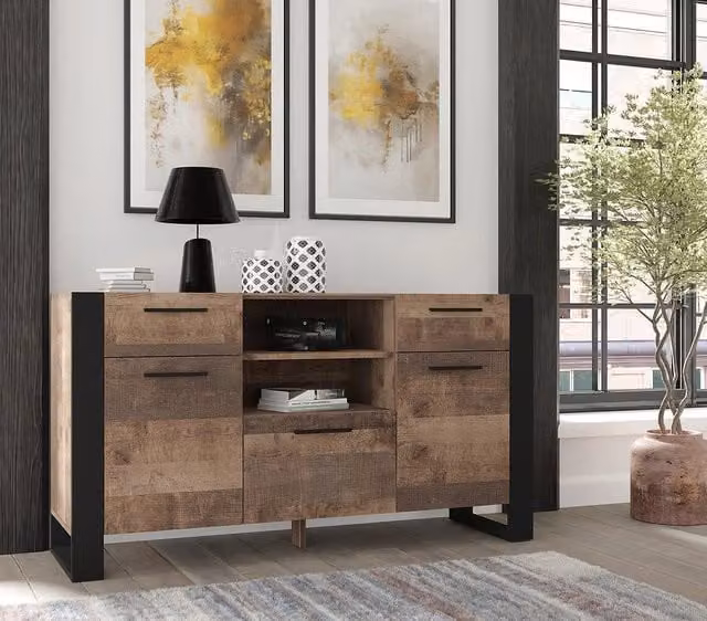 Cassettiera NUKA Bim Furniture per soggiorno e camera da letto, Rovere scuro, L: 155 cm, P: 45 cm, H: 87 cm