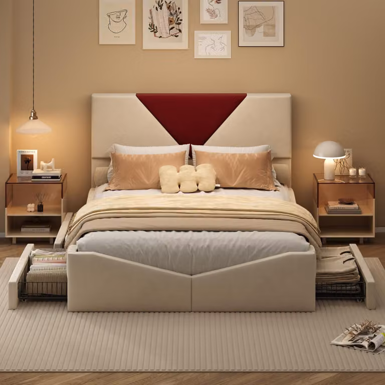 UnboxG Letto matrimoniale 140×200 cm, beige, tessuto in velluto, letto contenitore con 4 cassetti, letto contenitore / letto da camera da letto