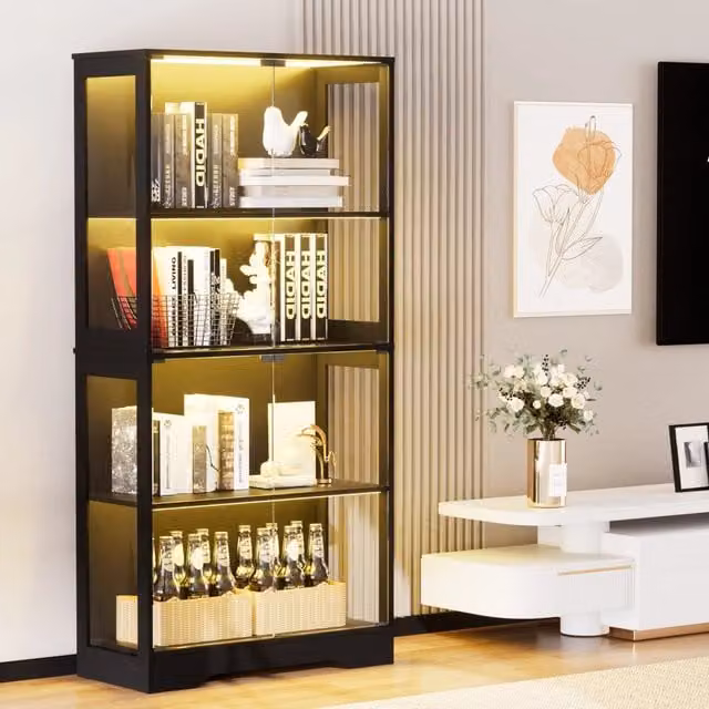 Vetrina Mivray moderna con ante in vetro e illuminazione LED integrata, finitura nera opaca in MDF per soggiorno e camera, L: 80 cm, P: 35 cm, H: 165 cm