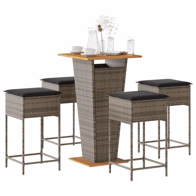 Set Bar da Giardino vidaXL in Polyrattan Grigio con Cuscini e Tavolo in Legno di Acacia