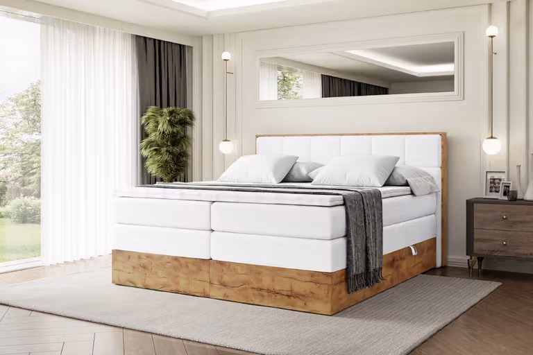 Letto boxspring ALTDECOR con materasso e rete a doghe, topper, letto imbottito con contenitore, letto con vano portaoggetti, materassi H3 e H4, letto matrimoniale, letto boxspring - LOLLI7 KING - 120x200 - Ecopelle bianca