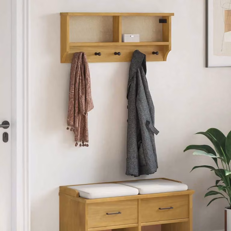 vidaXL Appendiabiti da Parete SANDNES in Legno di Pino Marrone con Ganci Distribuiti L: 87 cm, P: 12 cm, H: 35 cm