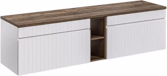 Set ICON bianco: mobili sottolavabo 180cm con nicchie visibili + top per lavabo effetto legno scuro