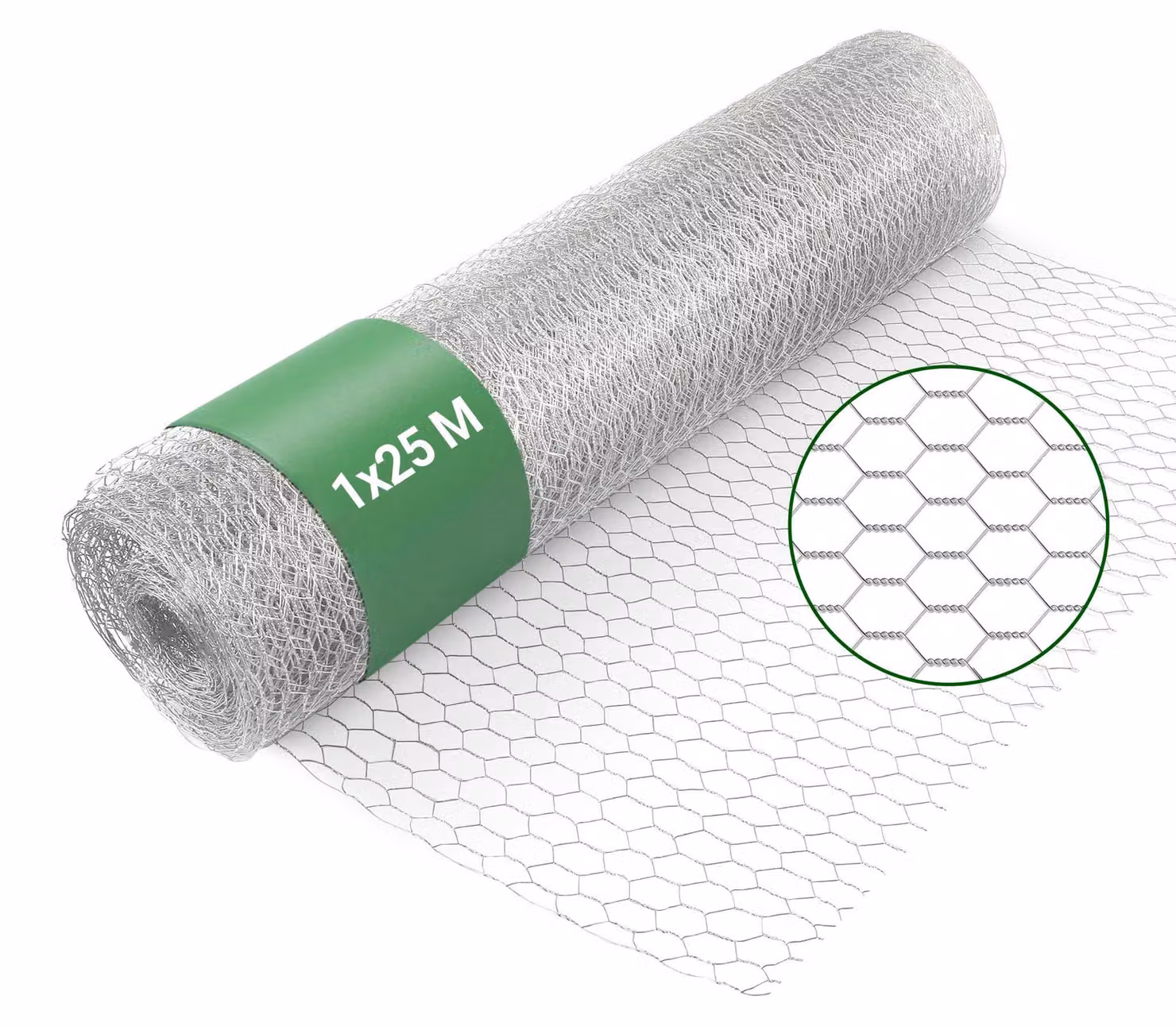 Rete per gabbie, dimensioni 25x1 metro, maglia da 25 mm, rete a maglie esagonali, acciaio zincato