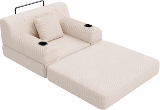 Divano letto singolo in corduroy beige con schienale alto, struttura in metallo, 2 portabicchieri e 4 tasche laterali per soggiorno e spazi piccoli