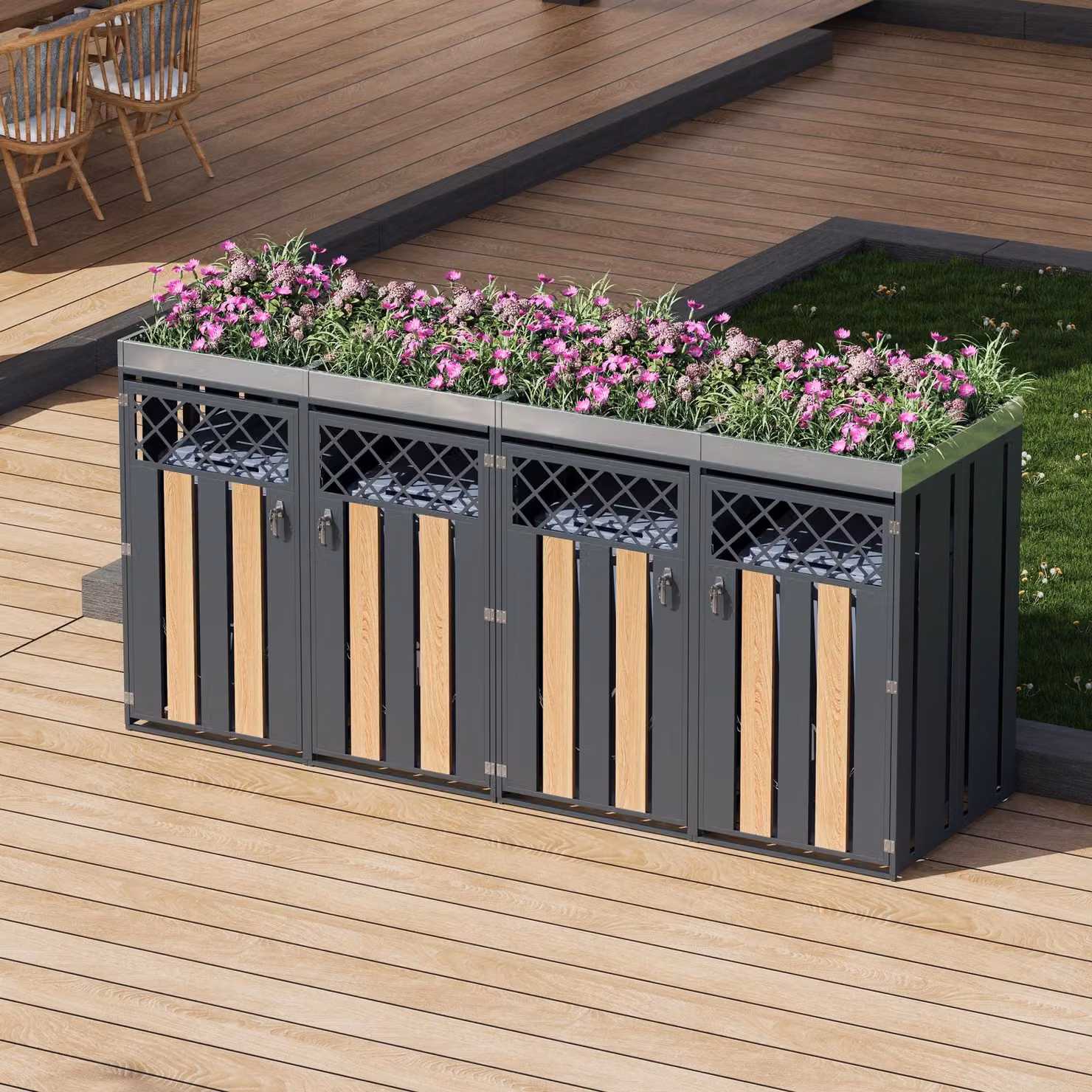 Merax Box chiudibile a chiave per 2 bidoni della spazzatura con fioriera, doppio rivestimento per bidoni della spazzatura con 2 ante in acciaio con ventilazione a rombi, giardino, effetto legno grigio
