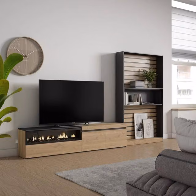 Mobile TV da soggiorno SKRAUT HOME con camino elettrico, Rovere e Nero, L: 310 cm, P: 35 cm, H: 186 cm – 1