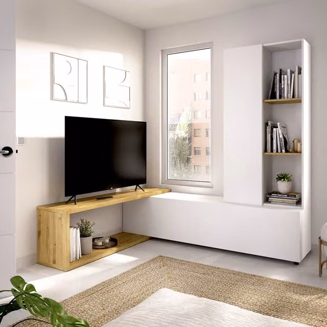 Parete Attrezzata Modulabile DMORA Vicksburg per Soggiorno, Bianco e Rovere – 1