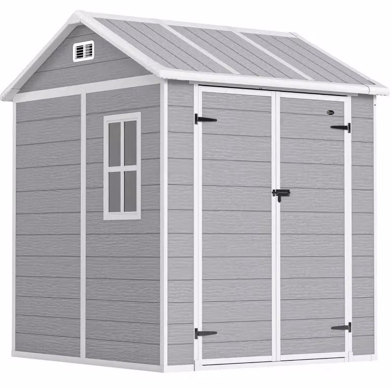 Casetta da giardino MODFU in plastica grigia con doppia porta, finestra, pavimento e serratura, L/P/H: 181 x 181 x 220 cm – 2