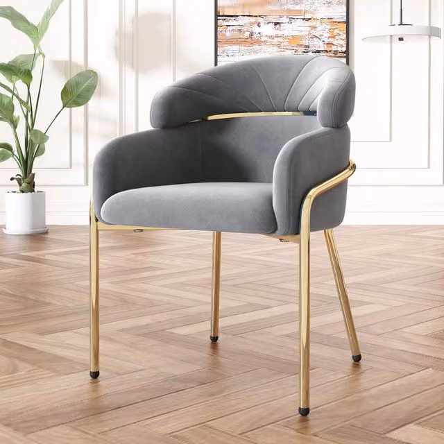 Sedia da pranzo singola in velluto grigio con quattro gambe in metallo ergonomica per soggiorno e camera da letto