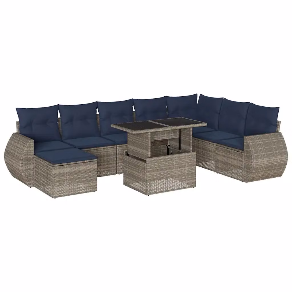 Set di Divani da Giardino 9 Pezzi vidaXL in Polyrattan con Cuscini Blu e Grigio e Tavolino da Caffè – 2