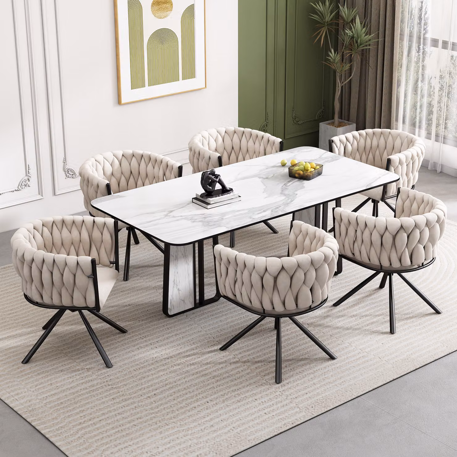 Sedia da pranzo owish (set da 6), sedia imbottita con braccioli e gambe in acciaio, sedia per soggiorno girevole a 360°, adatta per soggiorno, sala da pranzo, camera da letto, color beige