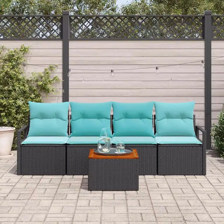 Set da giardino moderno vidaXL composto da 5 pezzi con divano da 3 posti, divano da 2 posti, poltrone lounge, tavolino da caffè e cuscini color turchese con struttura in acciaio nero e rattan resistente ai raggi UV