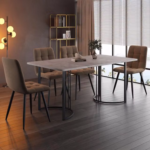 Set da pranzo Mivray composto da tavolo rettangolare in MDF grigio e 4 sedie in velluto nero con gambe in metallo, L: 140 cm, P: 80 cm, H: 75 cm