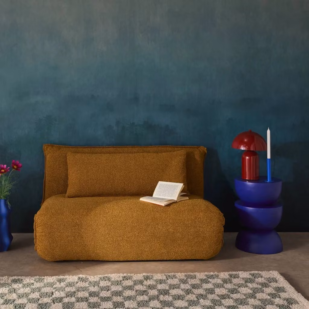 Poltrona letto convertibile Sweeek in tessuto bouclé giallo per adulti, design moderno con struttura in metallo, L/P/H: 120 x 80 x 66 cm – 2