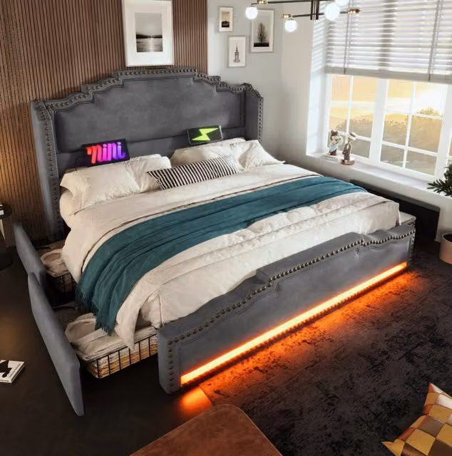 Letto matrimoniale 160x200 cm con 4 cassetti; LED; prese USB e Type-C; velluto grigio