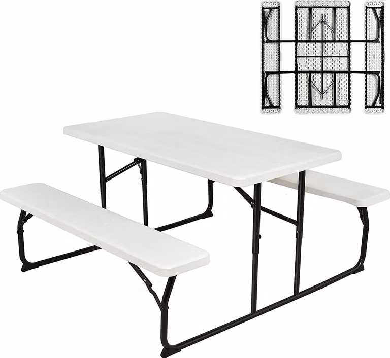 COSTWAY Tavolo da picnic pieghevole con panche, set da 136 cm per campeggio all'aperto, set per tenda da birra, set da tavolo da birra per patio, giardino (bianco)