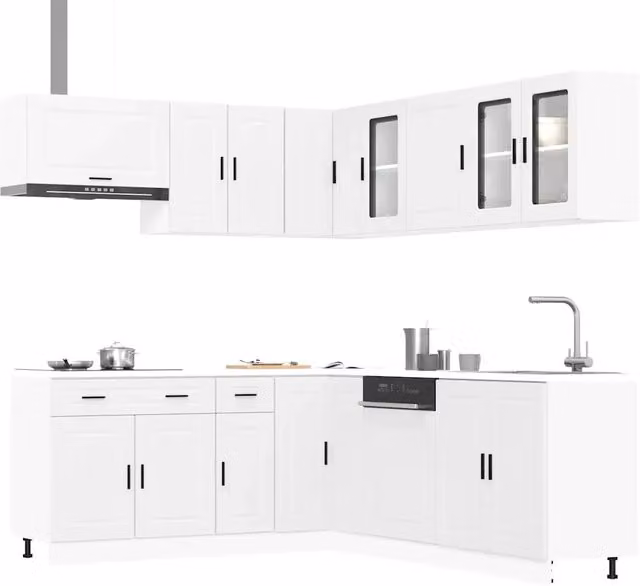 Set di mobili da cucina moderno vidaXL in legno e vetro di colore bianco con ante a battente e scaffali aperti