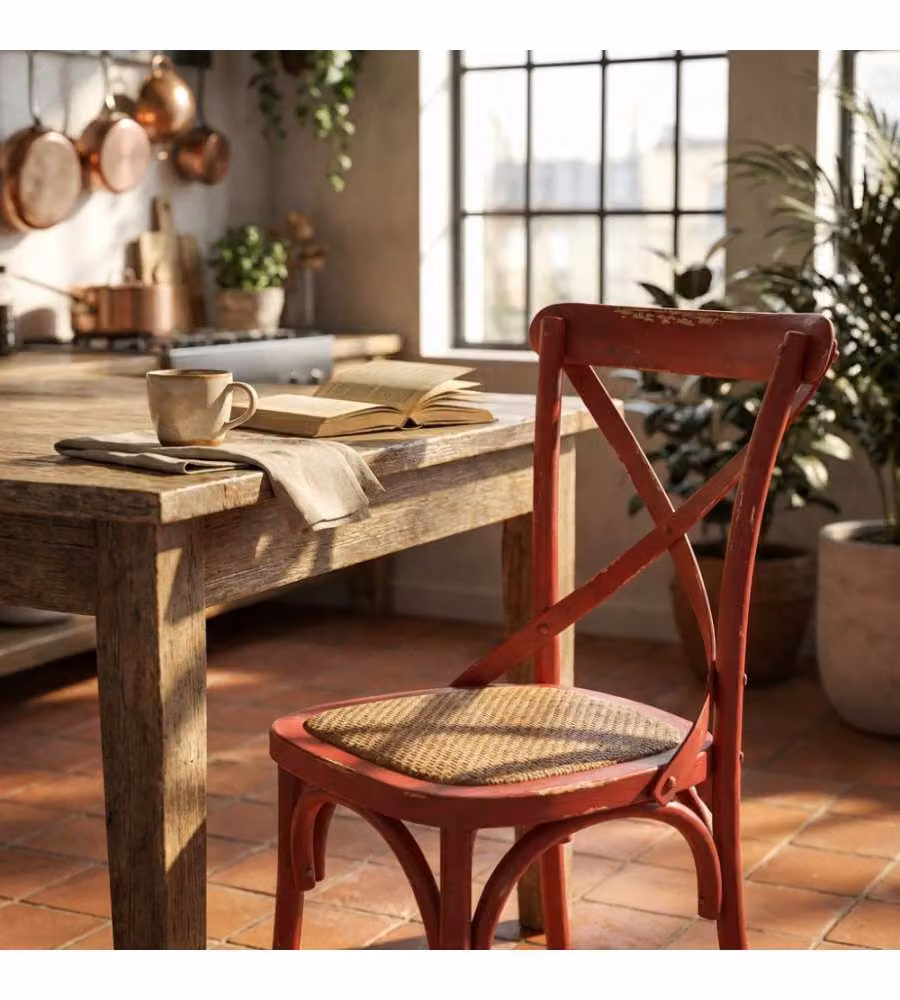 Sedia vintage Cosma in legno e rattan rossa per cucina e giardino L/P/H: 46 x 42 x 87 cm – 1