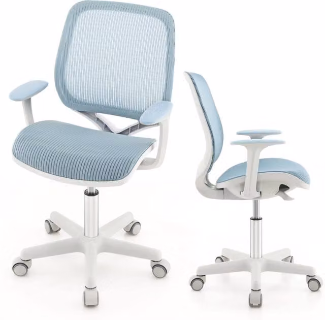 Sedia da scrivania girevole Design Mania per bambini, colore blu chiaro, con braccioli morbidi e ruote con freno, altezza regolabile