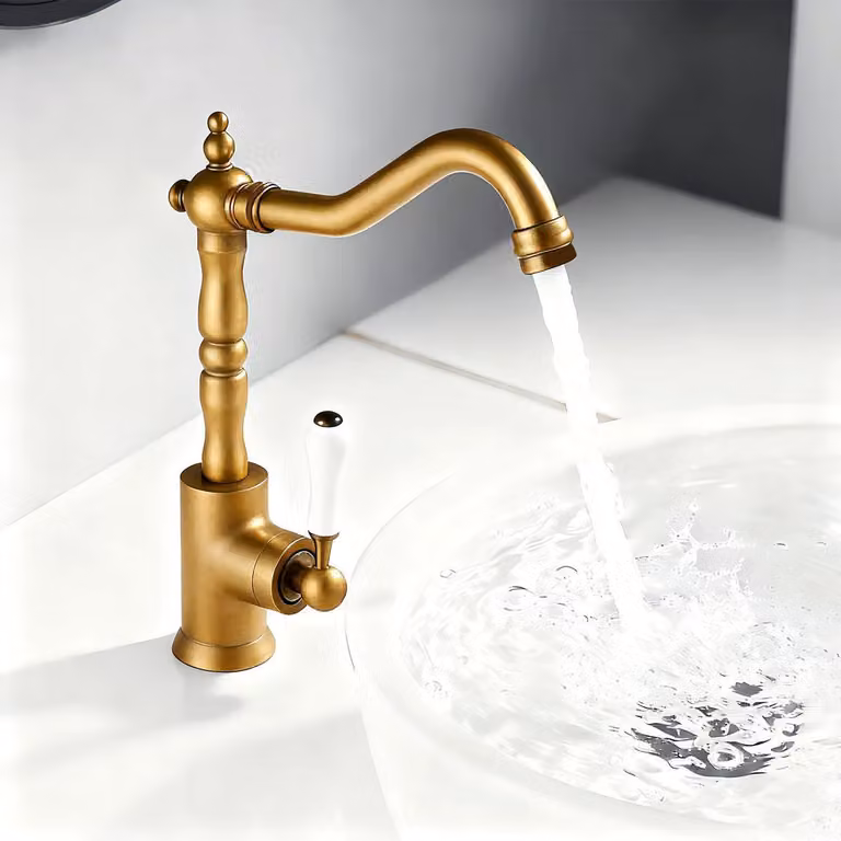Miscelatore monocomando dorato per lavabo, adatto per cucina e bagno, altezza 280 mm