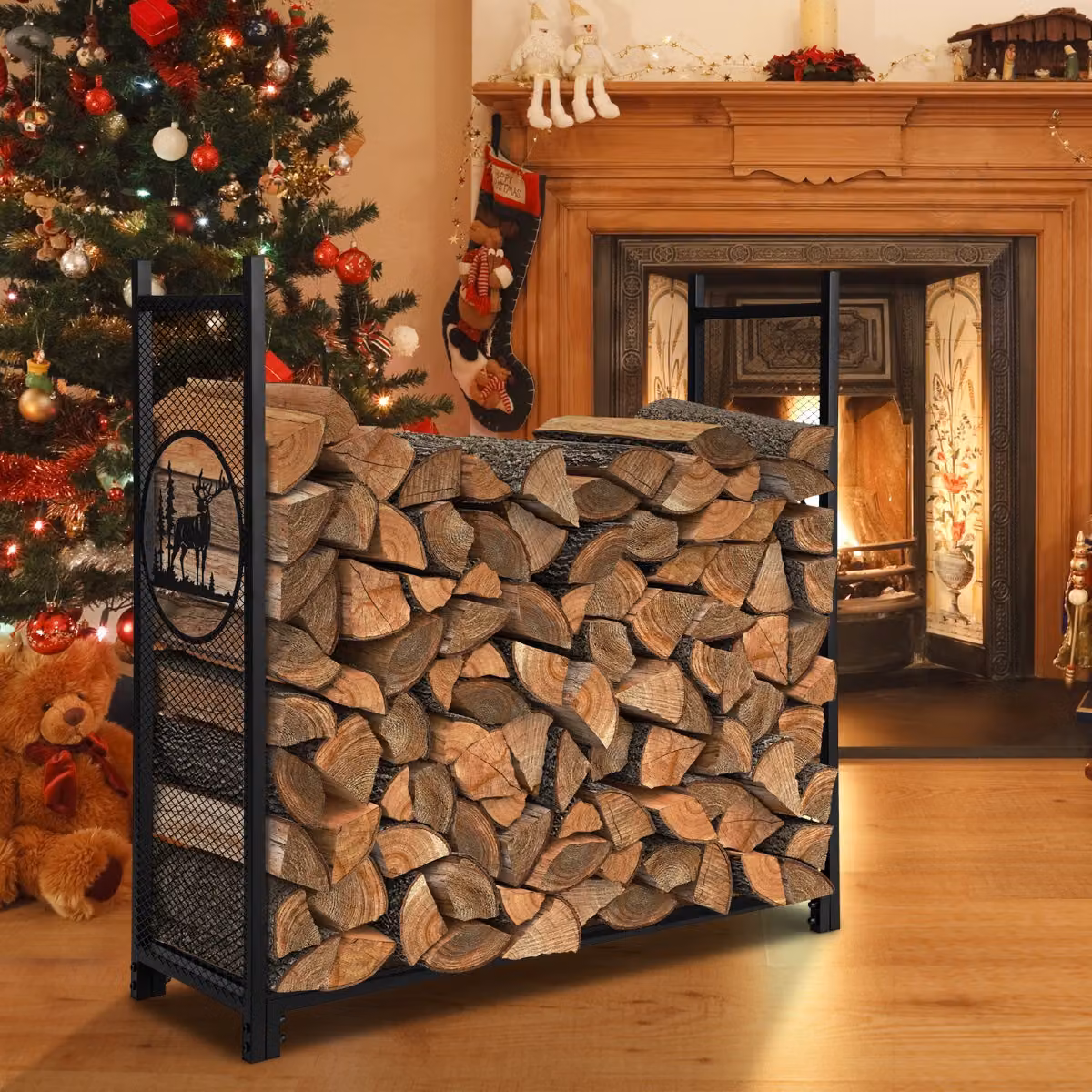 Porta legna Costway nero con lati a rete decorati con motivi cervo e albero, Altezza: 121 cm