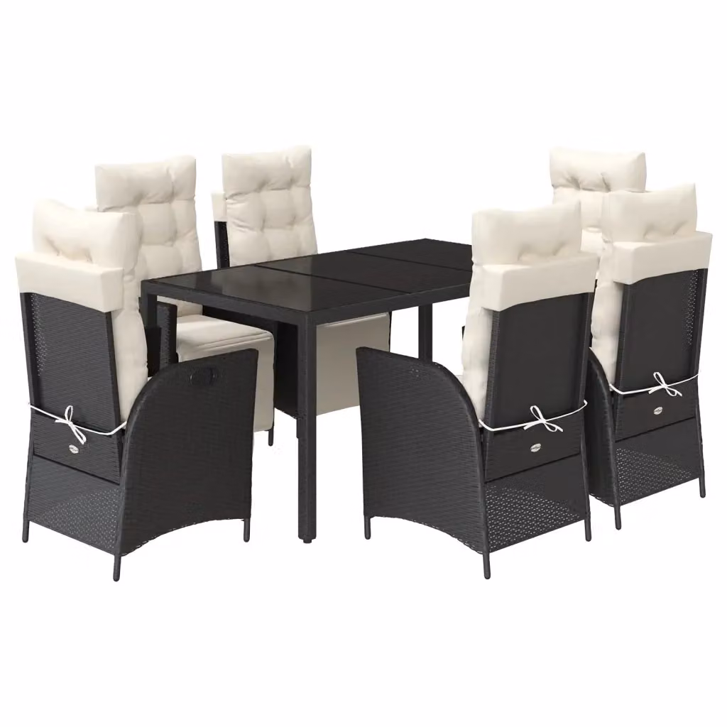 vidaXL Set da Pranzo da Giardino 7 pz in Polyrattan Nero con Cuscini e Tavolo in Vetro – 2