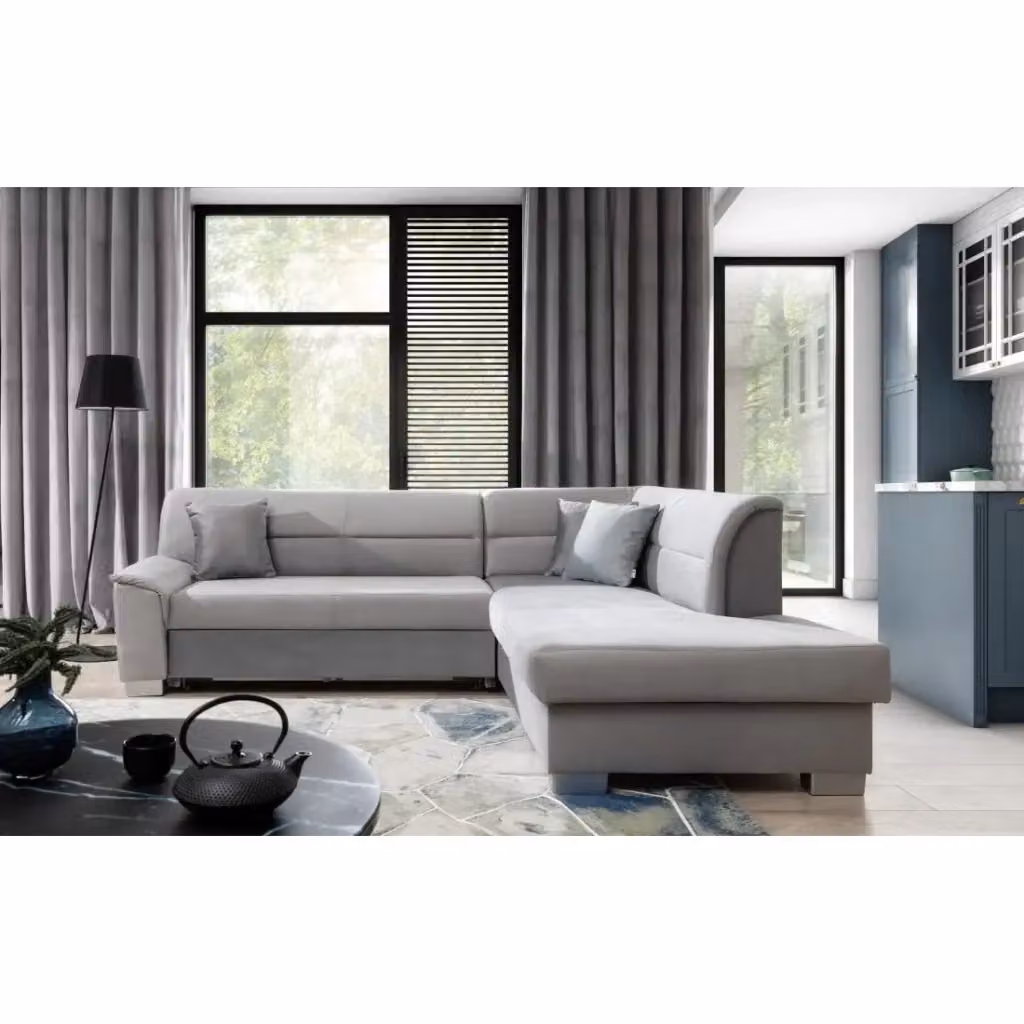 Divano angolare convertibile TROMSO MEUBLORAMA grigio effetto velluto con angolo destro e contenitore L/P/H: 247 x 141 x 83 cm – 2