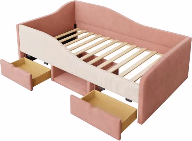 Letto imbottito multifunzione 90x190 cm con cassetti e protezioni, rivestimento in velluto rosa e crema