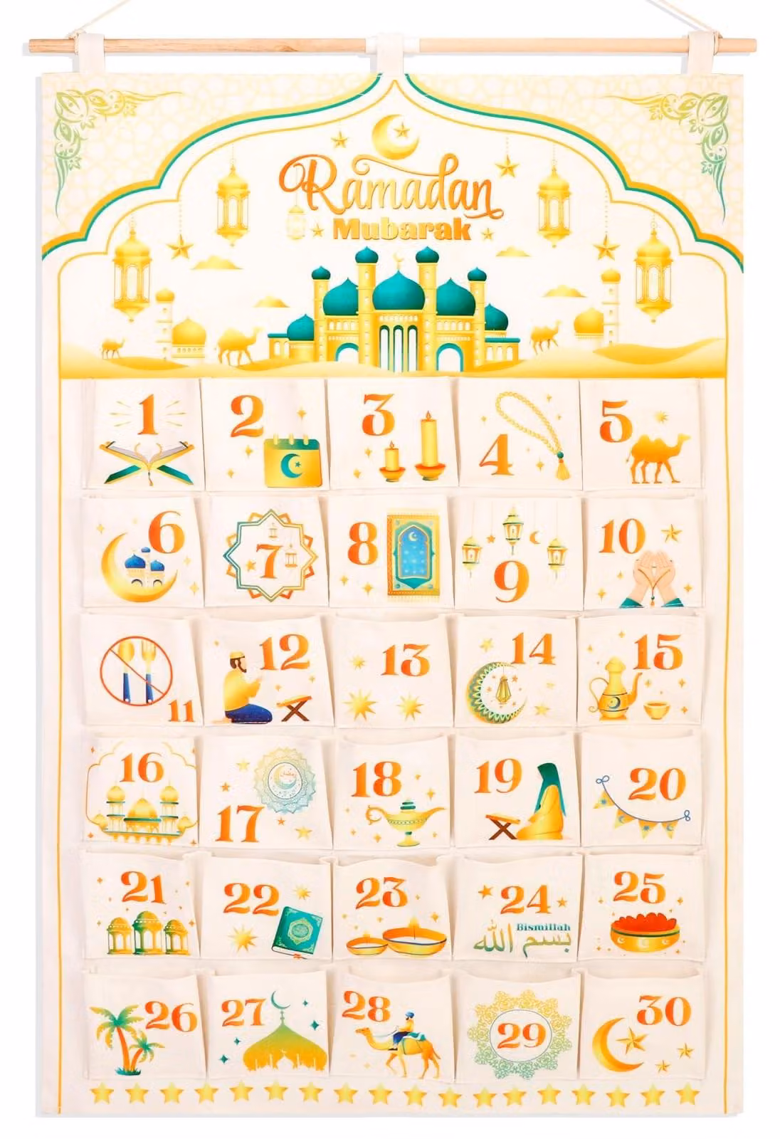 Calendario dell'Avvento riutilizzabile - Calendario da parete con 30 tasche - Calendario per il mese di Ramadan - Decorazioni per l'Eid - Tessuto bianco dorato - Include un bastoncino di legno - Calendario dell'Avvento