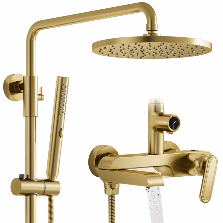 Sistema doccia con soffione a pioggia da 250 mm, doccetta manuale, 3 getti, finitura oro
