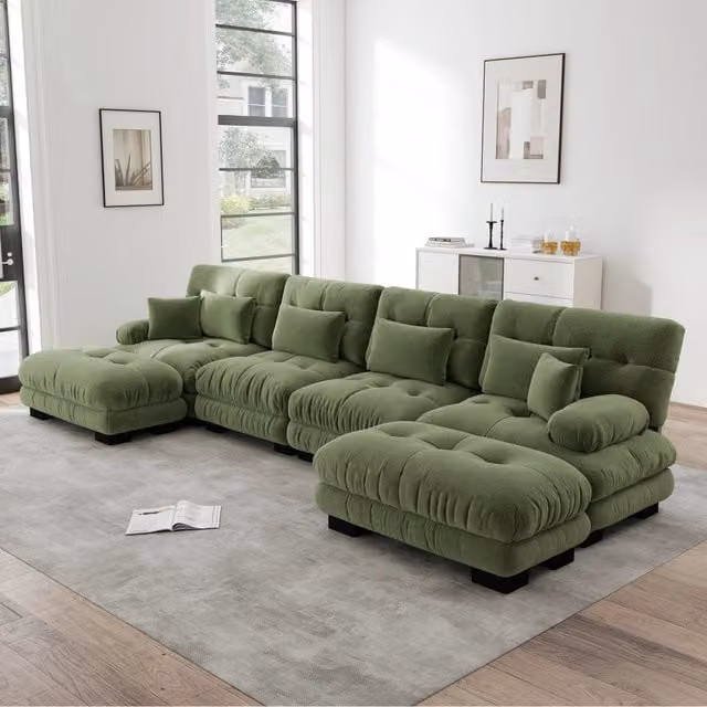 Divano modulare 406.0x145.0x81.0 cm con pouf mobili in ciniglia verde