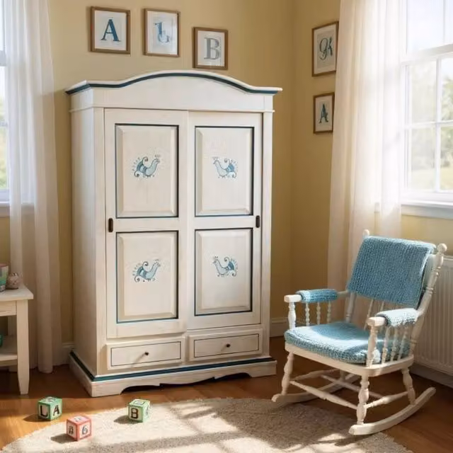 Armadio con 2 ante scorrevoli in legno stile shabby chic bianco anticato decorazione pavoncella Mobili 2G L/P/H: 122 x 59 x 200 cm – 1