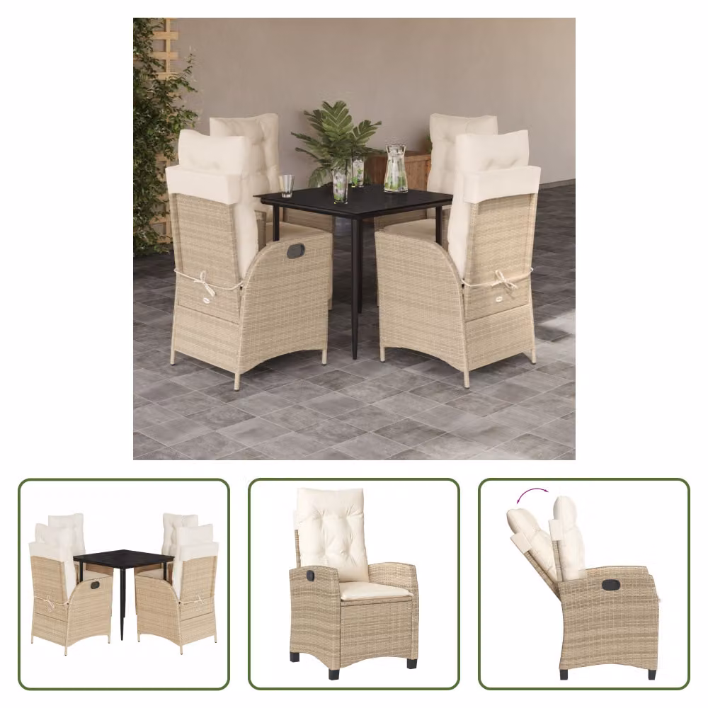 The Living Store Set da pranzo da giardino 5 pezzi con cuscini Beige poly rattan
