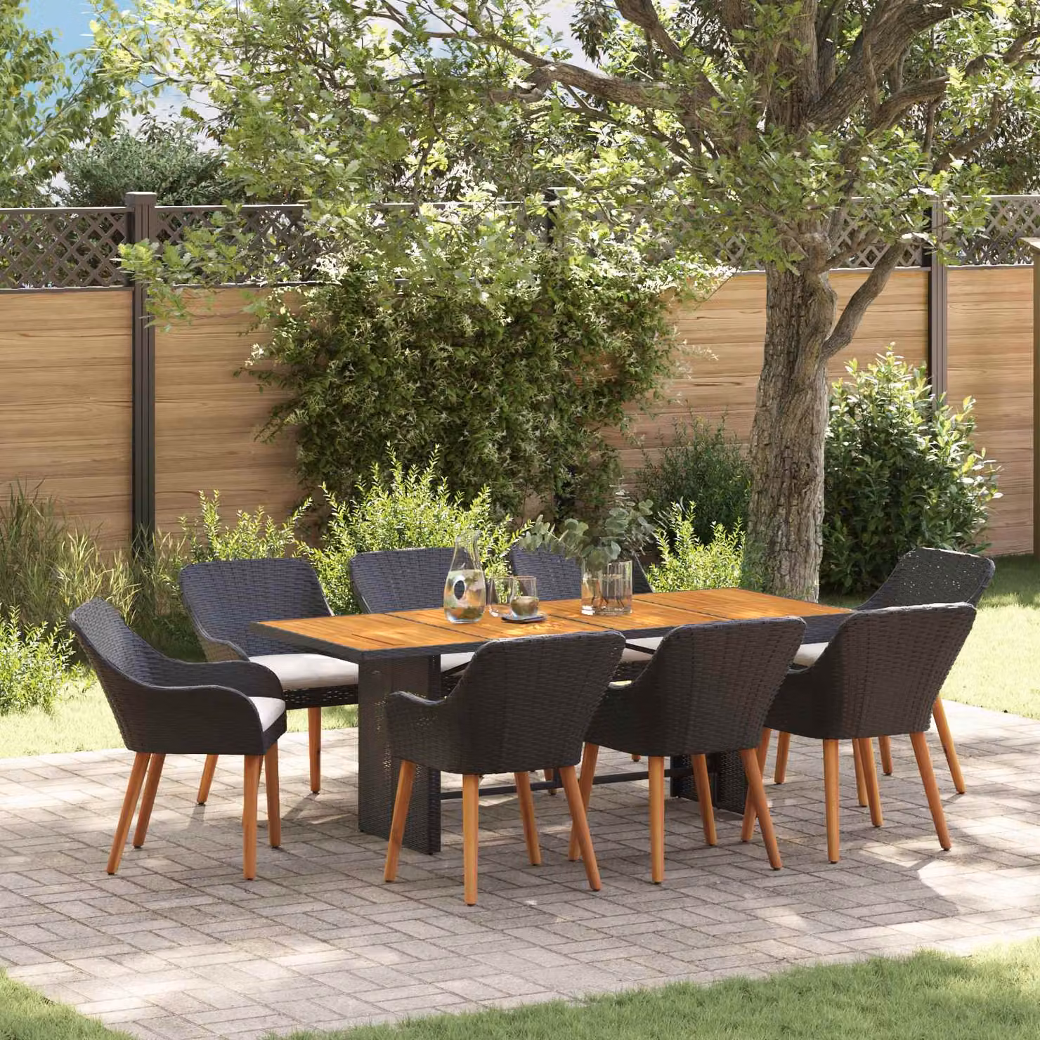 Set da pranzo per giardino e terrazza vidaXL in polyrattan nero da 9 pezzi – 1