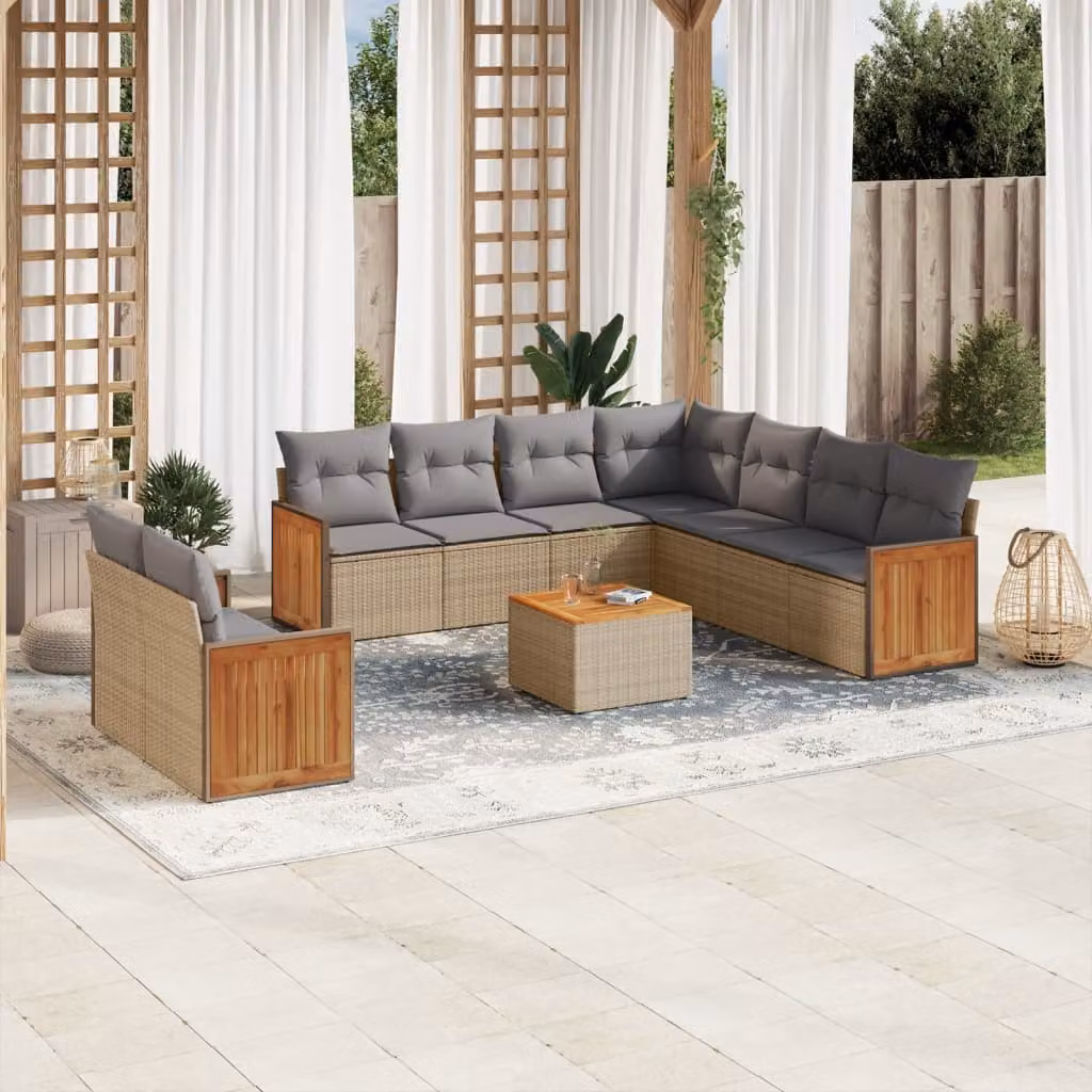 vidaXL Set Divano da Giardino 10 pz in Polyrattan con Cuscini Beige e Tavolino da Esterno – 1