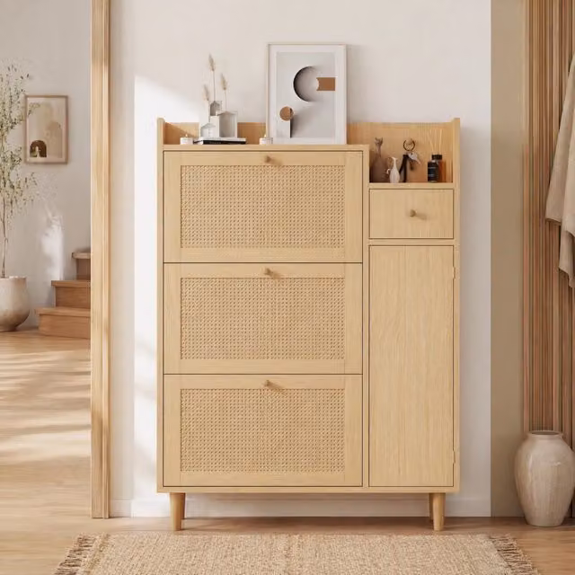 Scarpiera salvaspazio MODFU beige con 3 ante a ribalta e cassetto in MDF e legno massello L/P/H: 90 x 17 x 125 cm