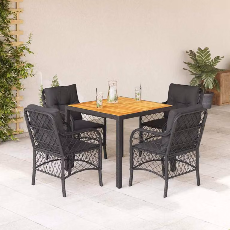 Set da pranzo da giardino vidaXL in legno di acacia e polyrattan nero con 5 pezzi