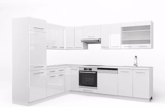 Cucina angolare completa Fame-Line Bianco lucido/Bianco 287 x 227 cm senza piano di lavoro Vicco